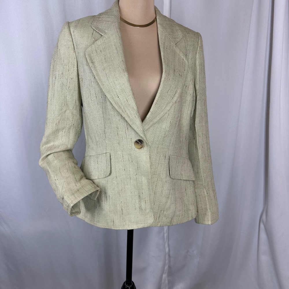 Ellen Tracy Blazer Size 10 Sage Herringbone Linen Blend Jacket